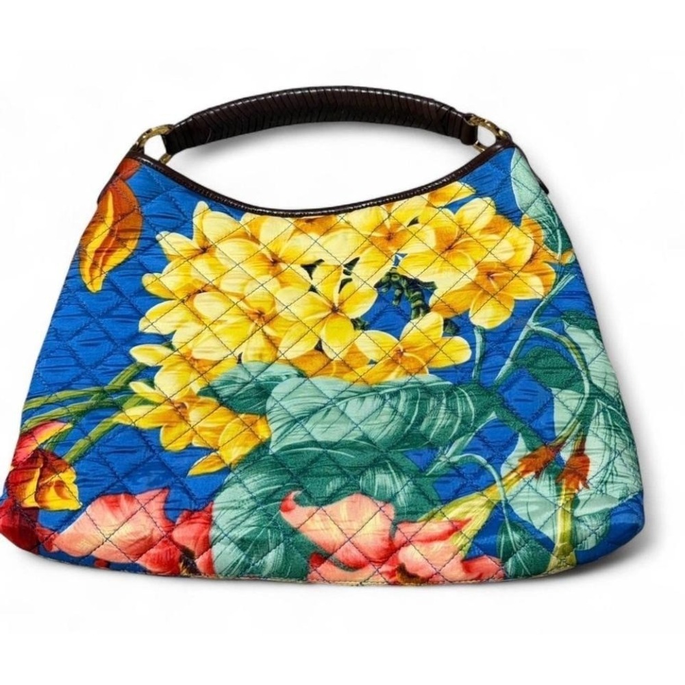 Brooks Brothers Floral Quilted Shoulder Bag Blue Yellow Leather Handle Purse